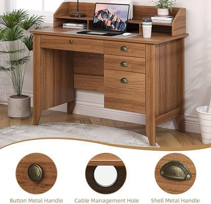 4 EVER WINNER Wooden Desk with Drawers, Small Desk with Monitor Stand and File Drawe, Writing Desk with Drawers for Bedroom Small Spaces, Walnut