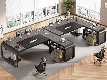 SEDETA 63 Inch Executive Desk, Large Office Desk with File Drawer, L Shaped Desk with Drawers, Computer Desk with Mobile CPU Stand, Storage Shelves, Power Outlets for Home Office, Gray