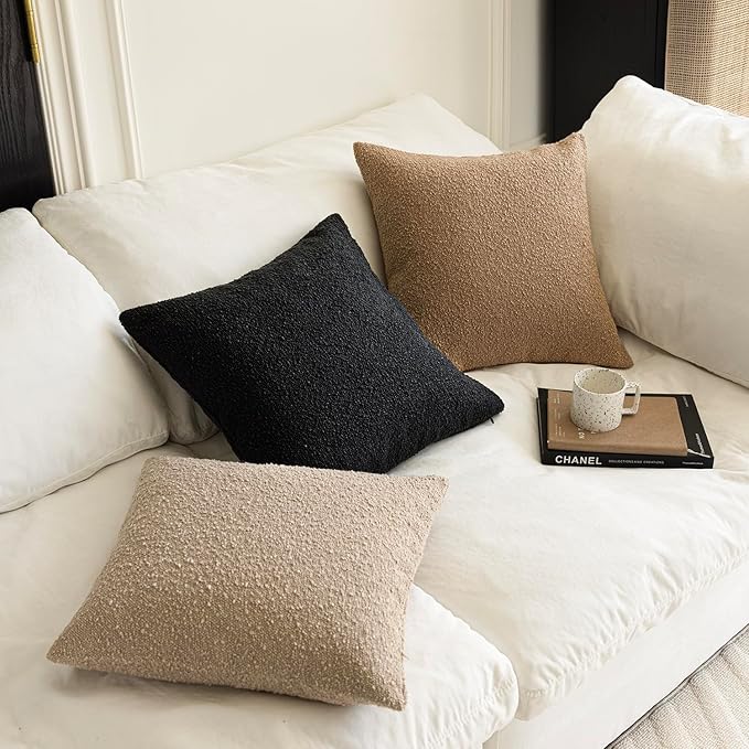 Foindtower Set of 2, Decorative Textured Boucle Throw Pillow Covers Accent Solid Lumbar Pillow Cases Cozy Couch Cushion Case for Chair Sofa Bedroom Living Room Home Decor 12 x 20 Inch Black