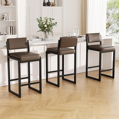 Bar Stools Set of 3, Faux Leather Counter Height Bar Stools with High Back and Metal Legs, Upholstered Bar Chairs, 26" Modern Barstools for Kitchen Island, Dark Brown