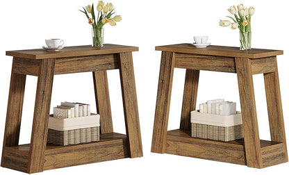 Tribesigns Wood End Table Set of 2, Small Side Table with 2 Storage Shelves, Rustic Accent Narrow Nightstand for Living Room, Bedroom (2)