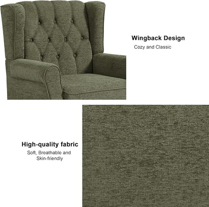 Accent Chair, Upholstered Armchair with Button Tufted High Back & Solid Wood Legs, Comfy Wingback Reading Single Sofa Chair for Small Spaces, Living Room, Bedroom (Green, Set of 2)