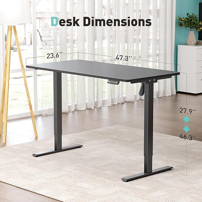 One-Piece Electric Standing Desk, 48 x 24 Inch Adjustable Height Sit to Stand Up Desk for Home Office, Work & Study, Black Frame & Black Desktop (2 Packages)