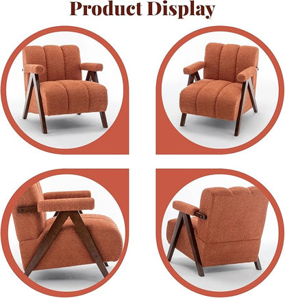 Mid Century Modern Accent Chairs Set of 2 with Solid Wood Frame, Boucle Upholstered Living Room Chairs with Thick Cushion, Comfy Tufted Arm Chair for Bedroom, Orange