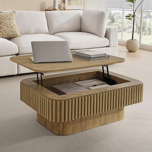 Lift Top Coffee Table for Living Room, Fluted Coffee Tables with Storage, Solid Wood Veneered Modern Accent Tea Center Table for Small Space Apartment (Natural-38.6''D×26.8''H)