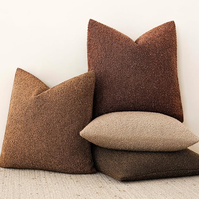 Foindtower Set of 2, Decorative Textured Boucle Throw Pillow Covers Accent Solid Pillow Cases Neutral Soft Cozy Couch Cushion Case for Chair Sofa Bedroom Living Room Home Decor 16x16 Inch Hazel Brown