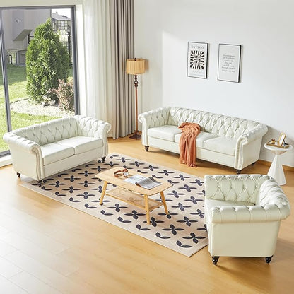 Living Room Chair, Modern Leather Chesterfield Sofa Chair, Mid Century Single Sofa Couch Chair with Tufted Back and Rolled Arms, Accent Sofa Chair for Living Room Apartment, White
