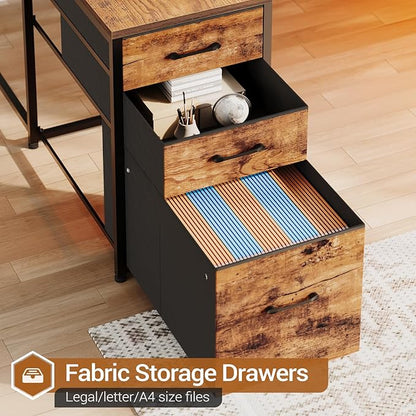Sedeta L Shaped Desk with Storage Shelves, 64.5'' Reversible U Shaped Office Desk with 3 Fabric Drawers, Gaming Desk with Power Outlet & LED Strip, Rustic Brown