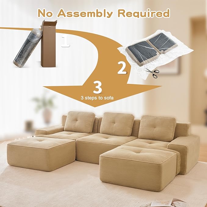 115.3” Camel Boneless Couches for Living Room, Modular Sectional Sofa with U-Shape Chaise, 3 Seater Comfy Upholstered Deep Seat Corduroy Fabric Cloud Couch No Assembly, Anti-Slip Design