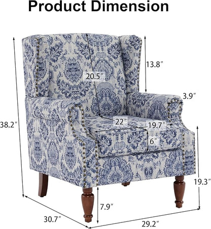 Pia Ricco Set of 2 Floral Accent Chairs, High Back Upholstered Armchairs with Retro Wingback Design, Nailhead Trim & Solid Wood Legs for Living Room Bedroom(Flower Navy)