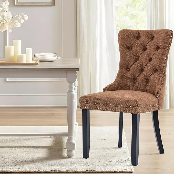 Linen Upholstered Dining Chairs Set of 2, Modern Style Kitchen Side Chairs with Nailhead Trim and Wood Leg, Metal Pulling Ring for Dining Room Living Room(Coffee,Set of 2)
