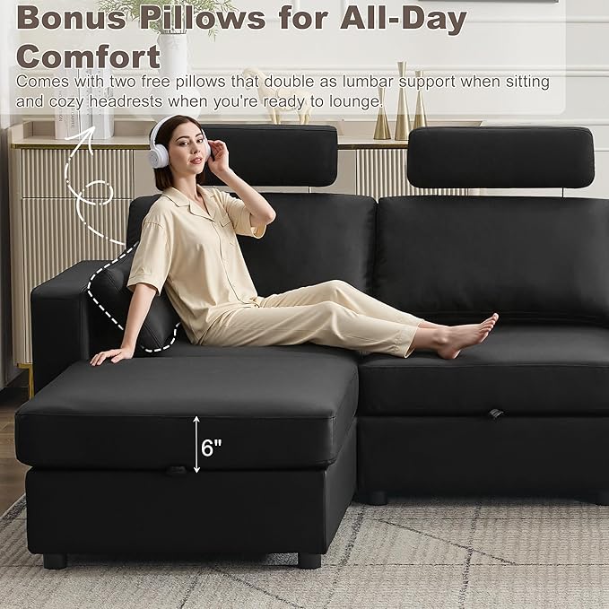 41.1" Accent Sofa Chair with Storage, Faux Leather Living Room Chairs with Headrest and Side Pockets, Mid Century Modern Arm Chair, Upholstered Comfy Single Couch Reading Club Chairs, Black
