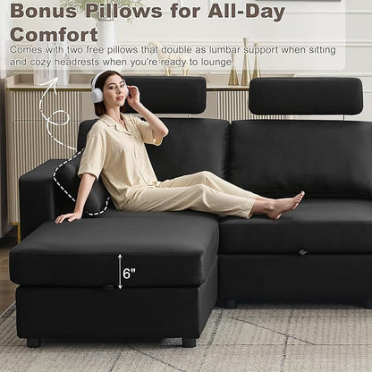 126.8" Modular Sectional Storage Sofa, Oversized Faux Leather U Shaped Couch with 2 Ottoman, Cloud Couch with Headrest & Side Pockets, Sectional Sofas for Living Room Apartment Small Spaces, Black