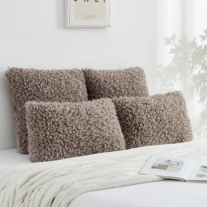 FUTEI Khaki Decorative Throw Pillow Covers 22x22 Inch Set of 2,Soft Fluffy Faux Wool Fur Boucle Textured Cushion Case,Modern Home Decor for Couch Bed Living Room Office