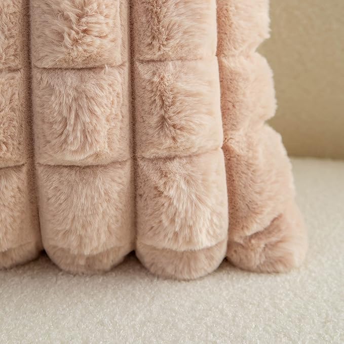 Neelvin Camel Faux Fur Cozy Soft Plaid Decorative Throw Pillow Covers 24x24 inch Set of 2,Velvet Pillowcase Cushion Case for Sofa Couch