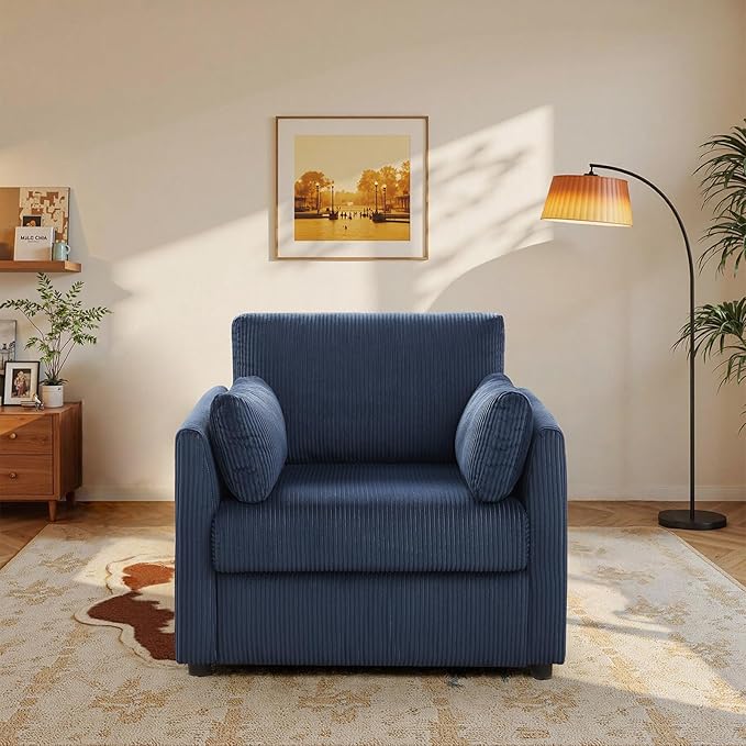 Modern Corduroy Accent Chairs, 38" W Comfy Armchair with Soft Pillows and Side Pockets, Single Reading Chairs for Living Room, Bedroom, Apartment, Navy Blue