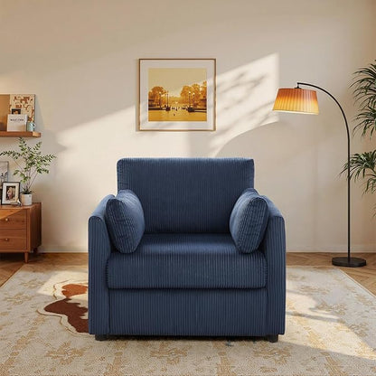 Modern Corduroy Accent Chairs, 38" W Comfy Armchair with Soft Pillows and Side Pockets, Single Reading Chairs for Living Room, Bedroom, Apartment, Navy Blue