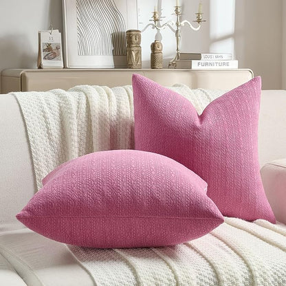 FUTEI Hot Pink Chenille Throw Pillow Covers 20x20 Inch Set of 2,Soft Striped & Diamond Textured Cushion Cases,Modern Home Decor for Couch Living Room