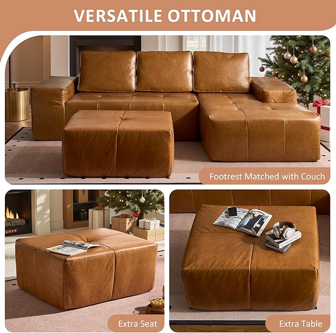 37.8" Faux Leather Ottoman for Couch, Memory Foam Cloud Boneless Sectional Couch for Living Room Foot Stools No Assembly Require (Faux Leather,Brown)