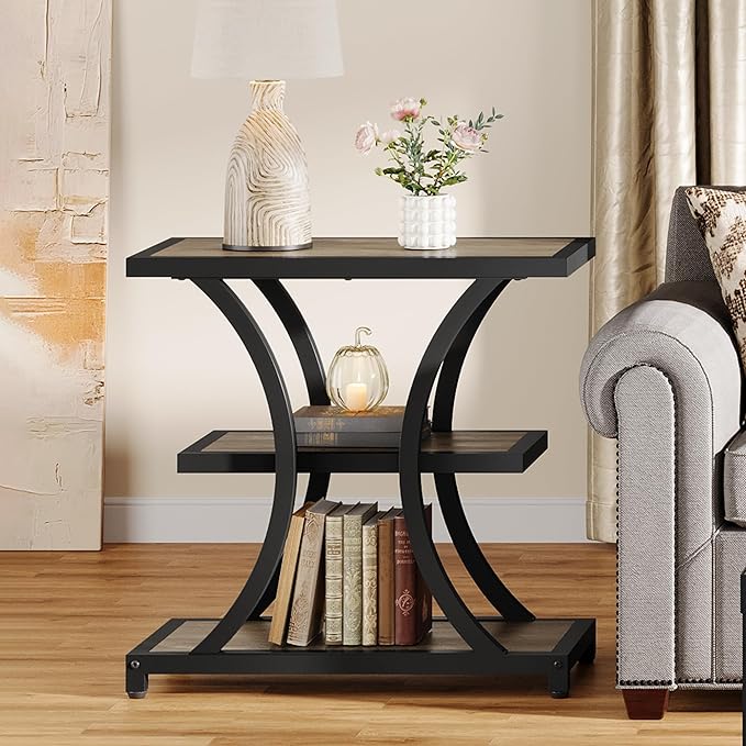 Tribesigns End Table with Storage, 3-Tier Side Table with Geometric Metal Design, Industrial Nightstand for Small Spaces, Living Room, Bedroom, Study Room (2, Grey)