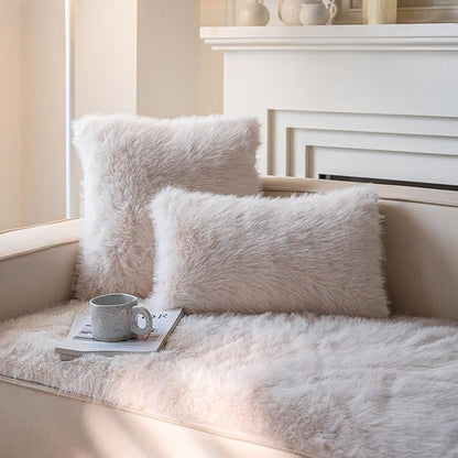 Neelvin Beige Faux Fur Cozy Fluffy Double-Sided Decorative Throw Pillow Covers 22x22 inch Set of 2,Velvet Pillowcase Cushion Case for Sofa Couch