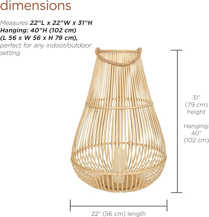 Alpine Corporation IWY108HH-L Outdoor Bamboo Lantern with LED Candle, Brown Finish for Patio and Garden Decor, 33" Tall
