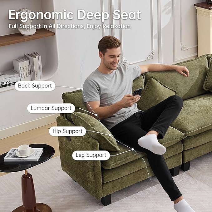 108" Modular Sectional Couches for Living Room with Ottoman, L Shaped Cloud Couch with Charger, USB & Type-c Port, Comfy 4 Seats Sofas with Deep Seat, Chenille Fabric, Green