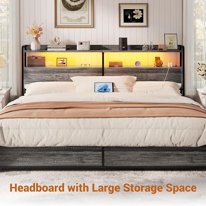 Aheaplus Headboard for King Size Bed Frame, Headboards with Outlets, USB Ports and LED Light, Head Board with Storage, Height Adjustable, Sturdy and Stable Headboard, King Size, Black Oak