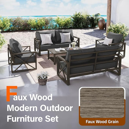 UDPATIO 5 Piece Faux Wood Aluminum Patio Furniture Set 6 Seats Modern Outdoor Furniture Patio Conversation Sets with Coffee Table for Balcony, Backyard, 600D Waterproof Cover Included, Dark Grey