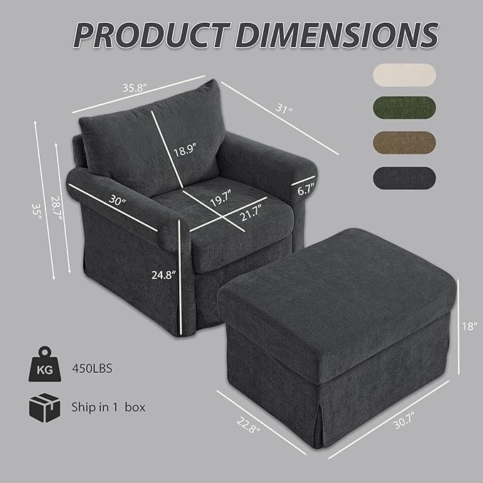 Modern Accent Chairs with Ottoman, Comfy Chenille Reading Armchair with Rolled Arms and Cushion Backrest, 35.8" W Chaise Lounge Chair for Living Room, Bedroom, Study, Apartment, Dark Grey