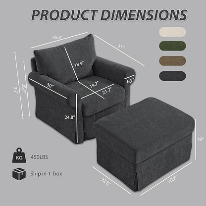 Modern Accent Chairs with Ottoman, Comfy Chenille Reading Armchair with Rolled Arms and Cushion Backrest, 35.8" W Chaise Lounge Chair for Living Room, Bedroom, Study, Apartment, Dark Grey