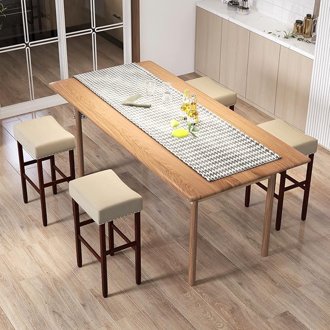 COSTWAY Set of 4 Bar Stools, 29.5-inch Backless Saddle Stools with Nailhead Trim, Rubber Wood Frame, Footrest, Max Load 330 lbs, Upholstered Barstools for Kitchen Island Pub, Beige