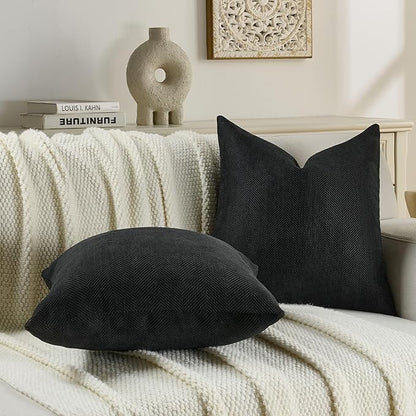 FUTEI Black Chenille Throw Pillow Covers 24x24 Inch Set of 2,Soft Wide Chevron Textured European Pillow Shams,Farmhouse Home Decor for Couch Bed Living Room