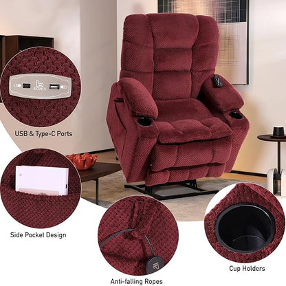 EONIX Dual Motor Lay Flat Power Lift Recliner Chair for Elderly, Electric Recliner Lift Chairs for Adults with Cup Holders, 400lbs Heavy Duty Power Recliner Sofa with Heat and Massage, Burgundy