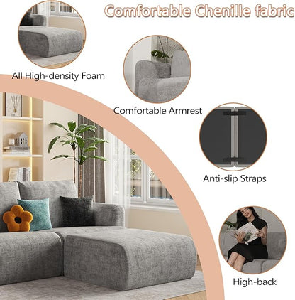 EASE MOOSE Sectional Cloud Couch for Living Room, L-Shaped Modular Boneless Sofa, Modern Cloud Sofa with Fluffy Foam, Oversized 4-Seater Deep Sofas with Ottoman for Apartment, Chenille (Light Grey)