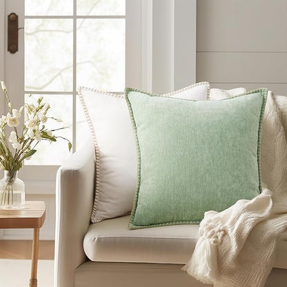 decorUhome Christmas Chenille Soft Throw Pillow Covers 20x20 Set of 2, Farmhouse Velvet Neutral Decorative Euro Pillow Covers with Stitched Edge for Couch Sofa Bed Home Decor, Sage Green