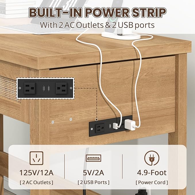 Rattan Computer Desk with 2 Drawers, 39 Inch Small Desk with Power Outlets, Farmhouse Boho Vanity Desks, Compact Writing Study Table for Small Spaces, Oak