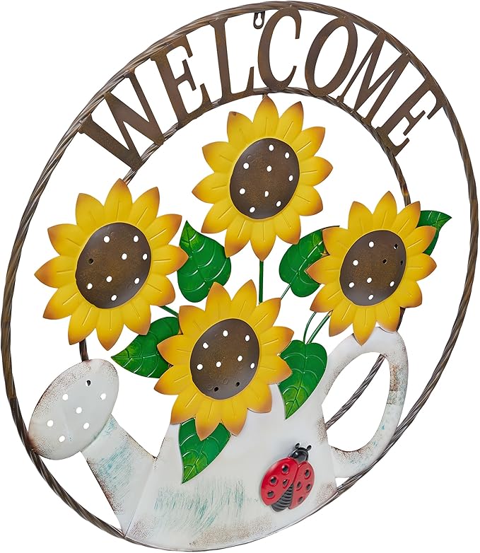 Alpine Corporation SCC580L Round Sunflowers Welcome Wall Decoration, Sign for Entryways, 30" H