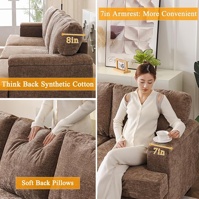85'' L Shaped Couch with Armrest Organizer,3 Seats Sofas with Movable Ottoman,Comfy Sectional Sofa with Thick Cushion,Chenille Sectional Couches for Living Room,Bedroom,Apartment,Home Furniture,Brown