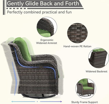 6 Pieces Outdoor Furniture Set - Patio Wicker Swivel Rocker Chair Set of 4 and 2 Side Table, Green, Mixed Brown Rattan, Suitable for Porch, Yard