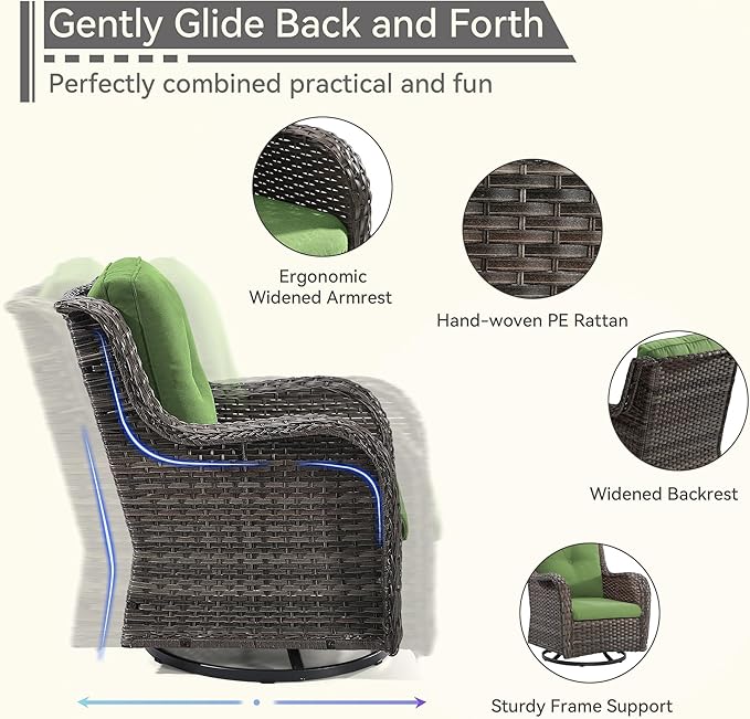 3 Pieces Outdoor Furniture Set - Patio Wicker Swivel Rocker Chair Set of 2 and 1 Side Table, Green, Mixed Brown Rattan, Suitable for Porch, Yard