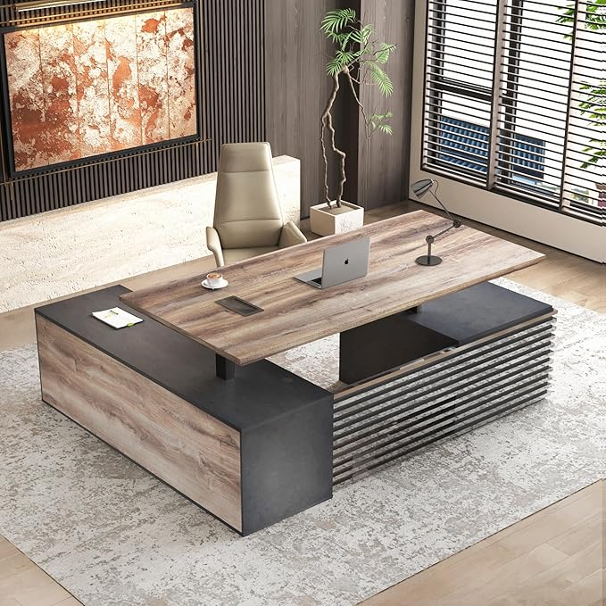 78.74" L Shaped Standing Executive Desk and 63" lateral File Cabinet, Large Adjustable Heigh Office Computer Desk with 3 Drawers,2.3" Desktop,Business Workstation,Black and Warm Oak