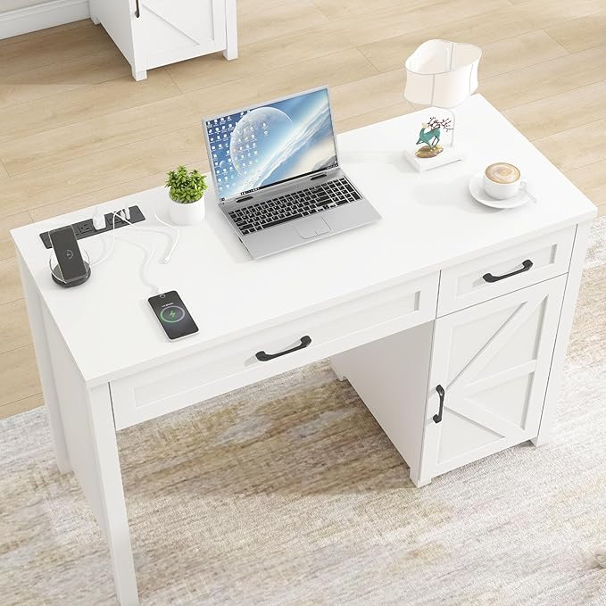 Farmhouse 47" Executive Desk, Computer Desk with Drawers and Storage Cabinet, Workstation for Home Office and Study.(Cream White)