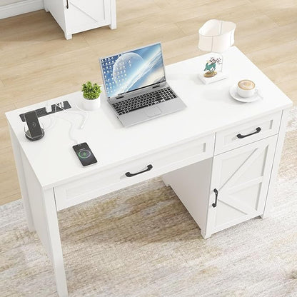 Farmhouse 47" Executive Desk, Computer Desk with Drawers and Storage Cabinet, Workstation for Home Office and Study.(Cream White)