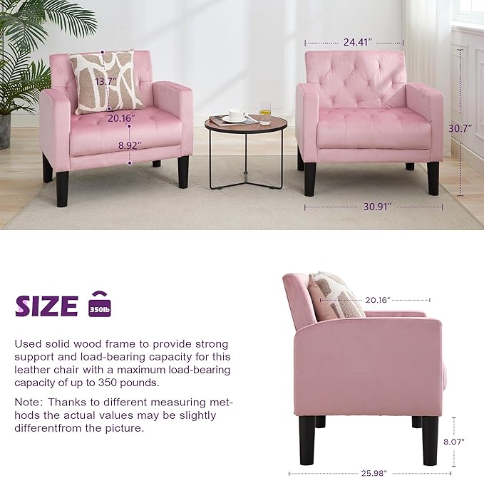 TYBOATLE Accent Chairs Set of 2, Mid Century Modern Upholstered Tufted Living Room Chair for Bedroom, Armchair Single Sofa,Reading Lounging Side Lounge Office Chair (Pink)