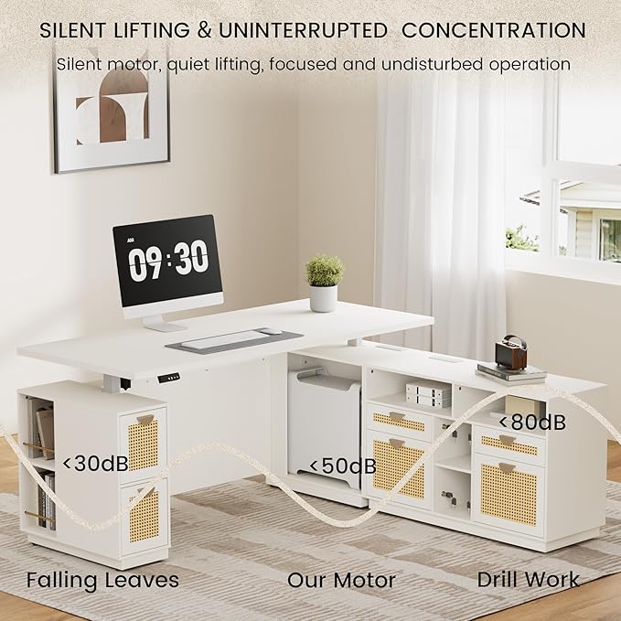 71" L Shaped Executive Desk with File Cabinet, Electric Adjustable Height Standing Desk for Home and Office, Furniture Sets with Multiple Functions, AC/USB, 1.18" Desktop, White Rattan