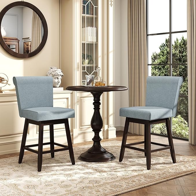 COSTWAY Swivel Bar Stools Set of 4, 27" Counter Height Bar Chairs with Rubber Wood Legs, Upholstered Linen Barstools with Back & Cushioned Seat, for Kitchen Island, Home, Pub, Grey