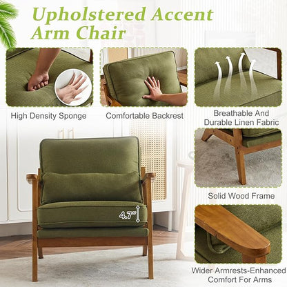 VINGLI Solid Wood Wide Armrests Accent Chair,Upholstered Mid Century Modern Chair with Pillow,Comfy Reading Chair Farmhouse Arm Chair,Chairs Living Room,Bedroom,Guest Room,Linen Fabric,Dark Green