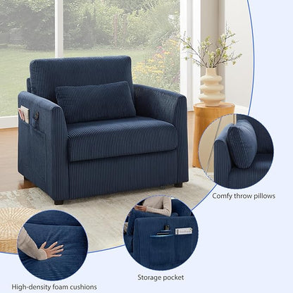 Modern Corduroy Accent Chairs, 38" W Comfy Armchair with Soft Pillows and Side Pockets, Single Reading Chairs for Living Room, Bedroom, Apartment, Navy Blue