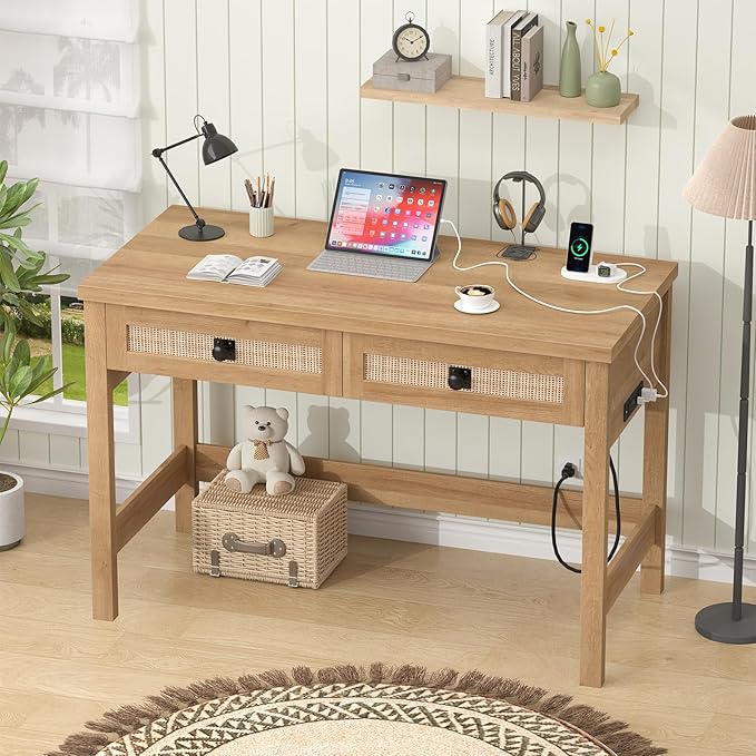 Rattan Computer Desk with 2 Drawers, 39 Inch Small Desk with Power Outlets, Farmhouse Boho Vanity Desks, Compact Writing Study Table for Small Spaces, Oak
